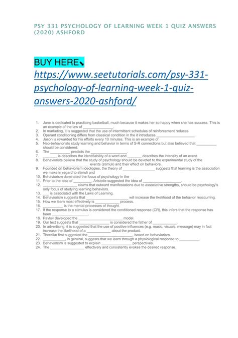 PSY 331 PSYCHOLOGY OF LEARNING WEEK 1 QUIZ ANSWERS 2020 ASHFORD Docx