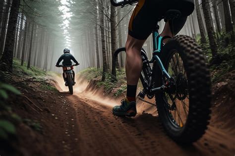 Premium AI Image | Two mountain bikers riding on a dirt road in the forest