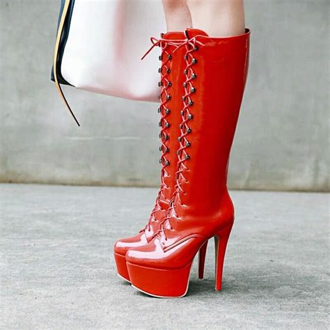 Fetish Sex Red Women Knee High Lace Up Side Zip Platform Boots Size Uk