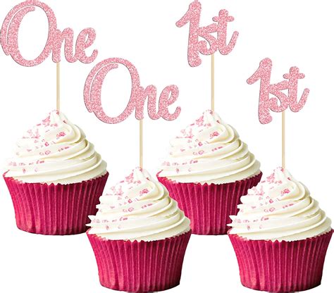 Amazon Gyufise 24Pcs One Cupcake Toppers Pink Glitter One Cake