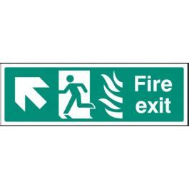 Fire Exit Arrow Up Left HTM Sign With Flames And Running Man 300mm