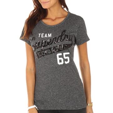 Superdry Tee Shirt Femme Team Comets Sequin Gris Anthracite