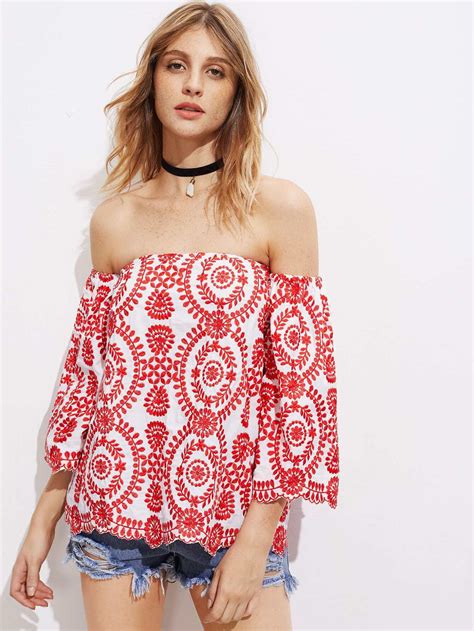 Off Shoulder Embroidered Top Shein Sheinside