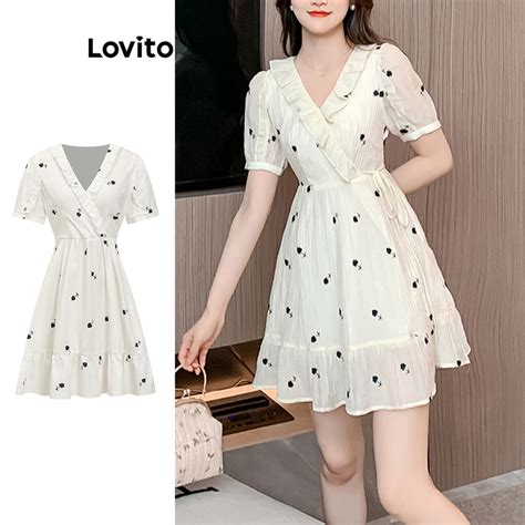 Lovito Cute Ditsy Floral Ruffle Pattern Lace Up Dress For Women