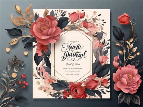 Preciosa plantilla de tarjeta de invitación de boda con flores y hojas