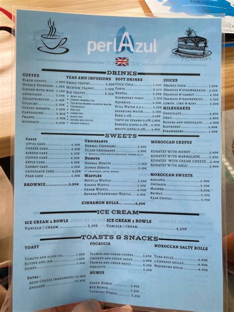 Carta de Cafetería Restaurante Perla Azul Córdoba