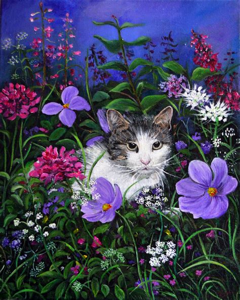 Cat In Flowers Painting Cat Bgh