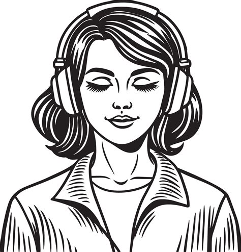 woman with headphones illustration black and white 46006988 Vector Art ...