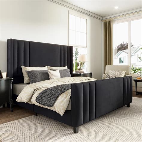 Amerlife Queen Size Bed Frame Velvet Upholstered Platform Bed With