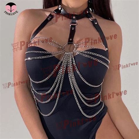 Goth Bra Straps Sexy Woman Lingerie Leather Body Hanress Belt Punk Chain Suspenders Corset