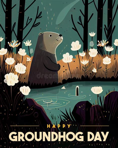 Happy Groundhog Day Poster Cute Groundhog With Floral Background