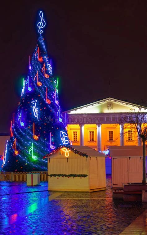 Night View Of The Christmas Tree Town Hall Square New Stock Image