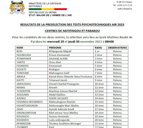 Benin Recrutement dans l armée de l air 2023 Après les tests