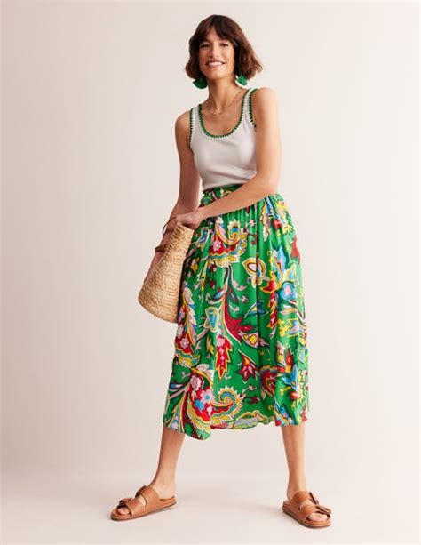 Crinkle Midi Skirt Green Paisley Azure Boden Uk