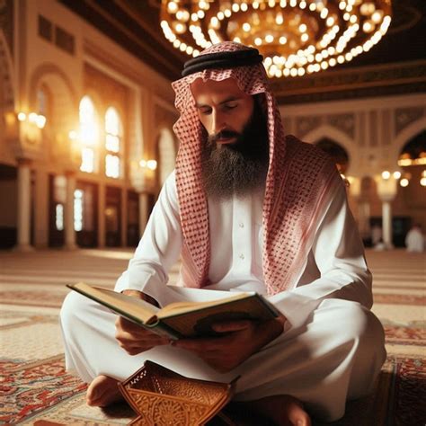 An Arab Muslim Man Reads The Quran In The Mosque Premium Ai Generated