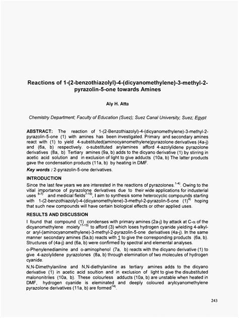 PDF Reactions Of 1 2 Benzothiazolyl 4 Dicyanomethylene 3 Methyl 2