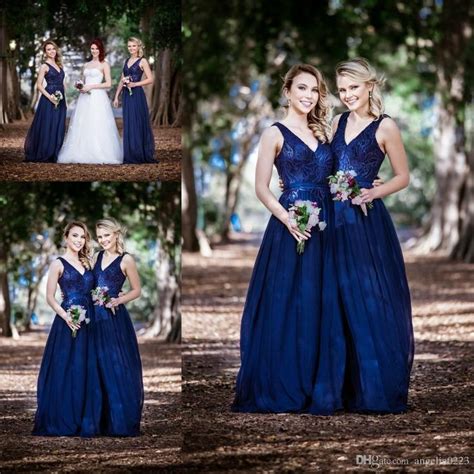 Navy Blue Long Bridesmaid Dresses 2016 Sequin Deep V Neck A Lin