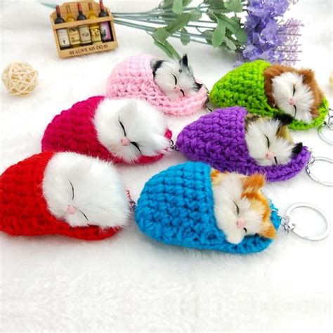 Cute Sleeping Cat Pompom Keychains For Women Girls Handmade Woven Faux