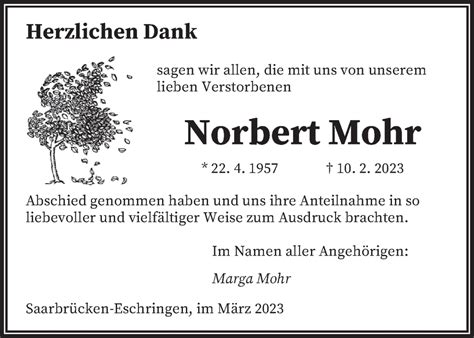 Traueranzeigen Von Norbert Mohr Saarbruecker Zeitung Trauer De