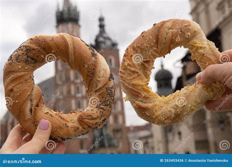 Tourist Woman Eating Bagel Obwarzanek Traditional Polish Cuisine Snack