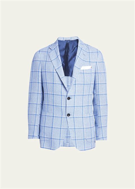 Kiton Cashmere Linen Windowpane Sport Coat Lt Blu Editorialist