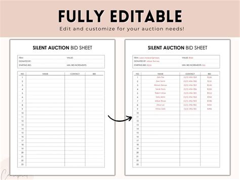 Editable Silent Auction Bid Sheet Silent Auction Sign Up Sheet Printable Bidding Sheet