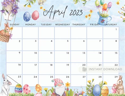 Printable April Calendar Fun Easter Bunny Gnome Etsy