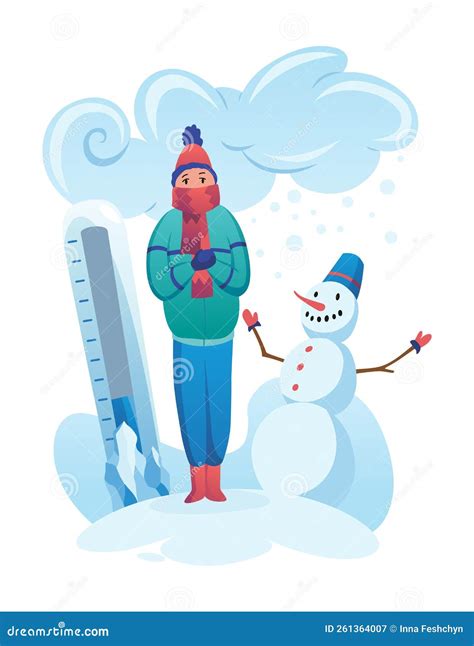 Cold Weather. Meteorology Thermometer Illustration. Cartoon Male