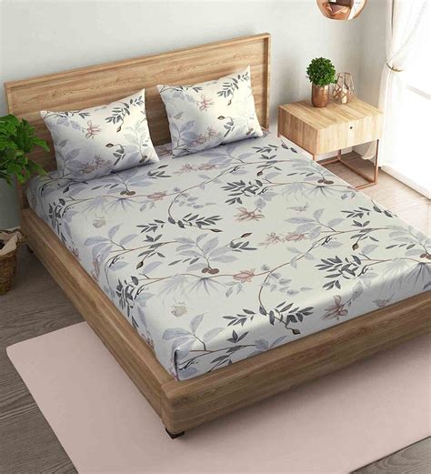 Buy White Floral 186 Tc Cotton Queen Sized Bed Sheets With 2 Pillow