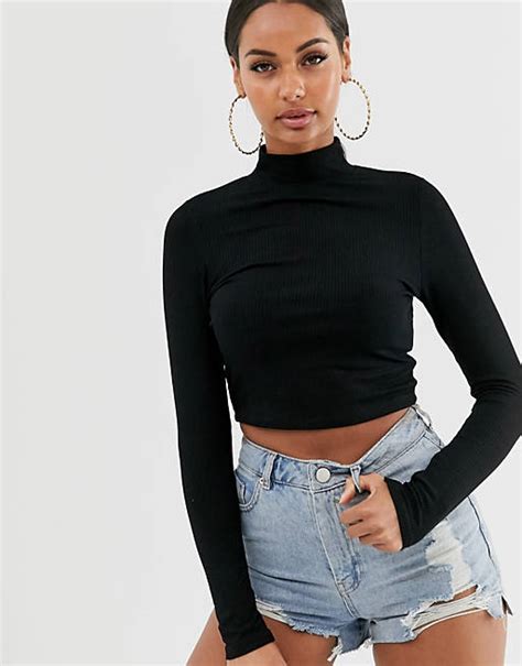 Asos Design Turtleneck Long Sleeve Rib Crop Top In Black Asos