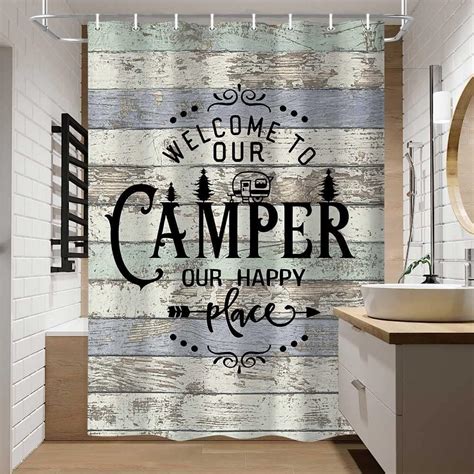 Happy Camper Shower Curtain Rustic Wood Rv Travel Trailer