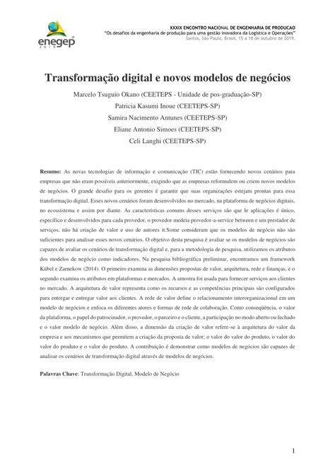 Pdf Transforma O Digital E Novos Modelos De Neg Cios