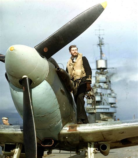 British Royal Navy Fleet Air Arm Pilot With His Supermarine Seafire