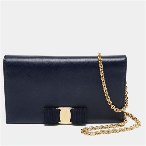 Salvatore Ferragamo Navy Blue Leather Miss Vara Wallet On Chain