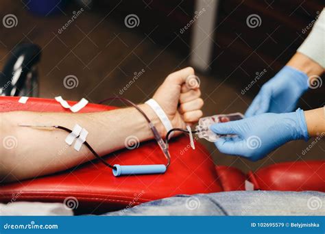 The Donor Blood Donates Blood In The Clinic Stock Image Image Of Hand