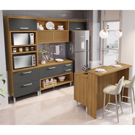 Cozinha 5 Peças Princesa Gourmet Ripado Nesher 100 Mdf Freijó grafite