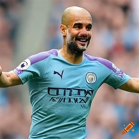 Pep Guardiola Playing For Manchester City Celebrating After He Scored