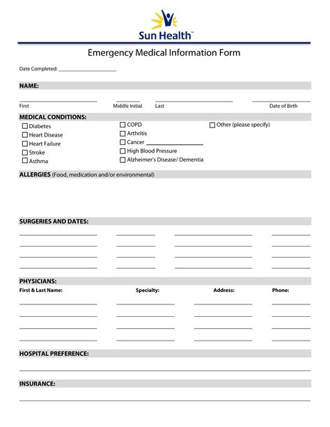 Printable Emergency Medical Information Form