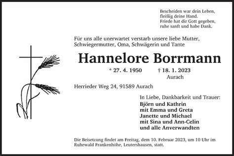 Traueranzeigen Von Hannelore Borrmann Trauer Flz De