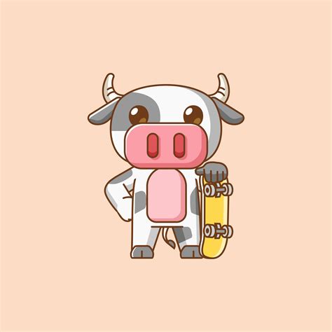 Cute Cow Playing Skateboard Animal Kawaii Chibi Character Mascot