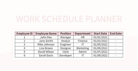 Work Schedule Planner Excel Template And Google Sheets File For Free ...