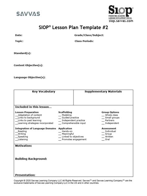 2 Siop Lesson Plan Template 2020 Pdf Lesson Plan Behavior