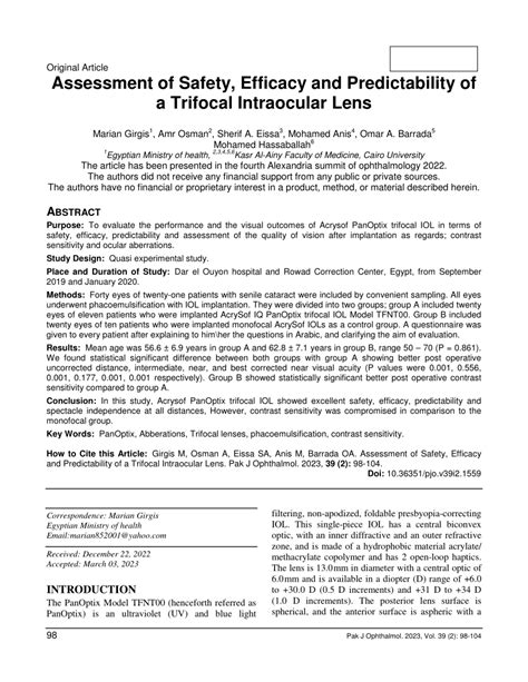 Pdf Assessment Of Safety Efficacy And Predictability Of A Trifocal Intraocular Lens Doi 10