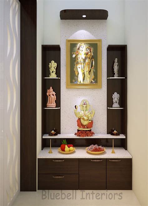 Pooja Room Double Step Pooja Unit Side Shelves White Quartz Counter Top