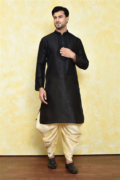 Buy Black Art Silk Embroidered Dori Work Collar Kurta Set For Men By