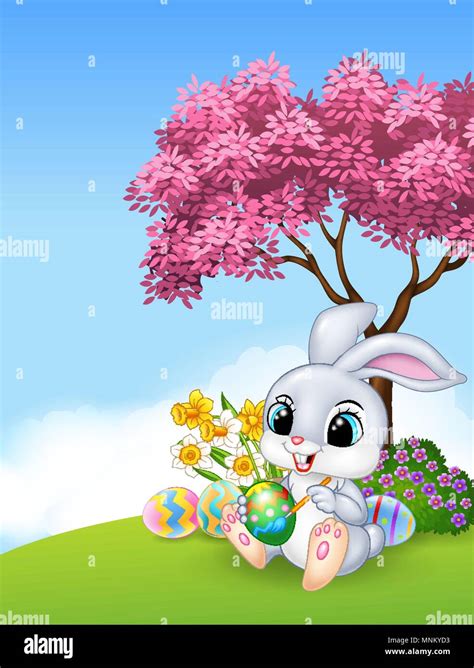 Cute Easter Bunny Painting An Egg Stock Vector Image Art Alamy