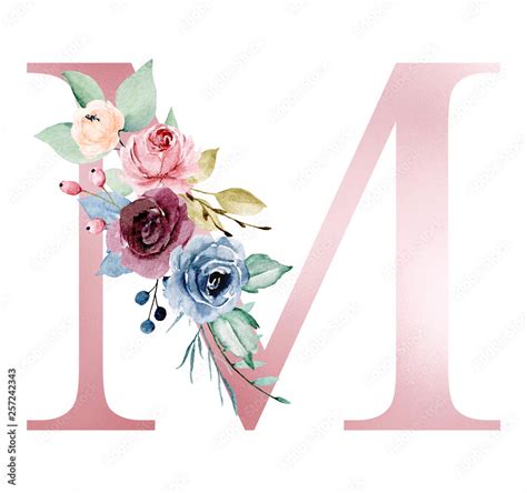 Floral Alphabet Letter M With Watercolor Flowers And Leaf Monogram