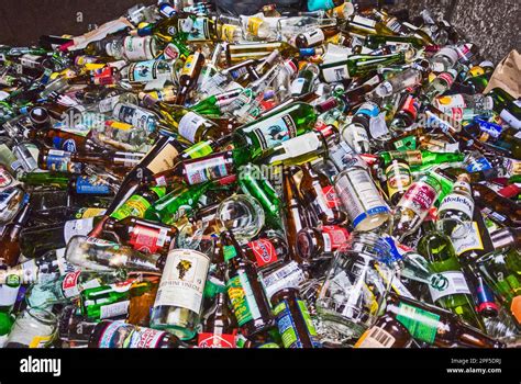 Recycling Bin Full Of Beer Wine Liquor And Pop Bottles At The Recycle