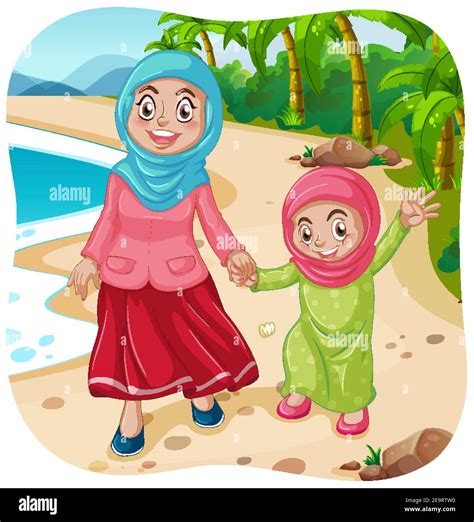 Muslim Mother And Daughter Cartoon Character Illustration Stock Vector