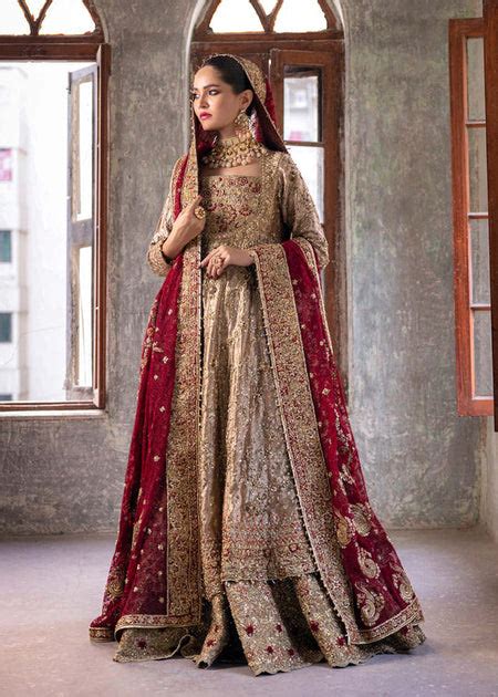 Pakistani Bridal Gown With Golden Lehenga And Dupatta Nameera By Farooq